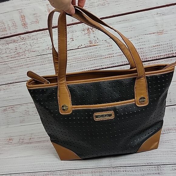 Marc Fisher Black Tan Perforated Vegan Leather Double Handle Handbag Purse - Picture 3 of 16